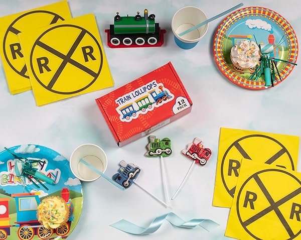 TRAIN SHAPED LOLLIPOPS – 12 INDIVIDUALLY WRAPPED CANDY SUCKERS FOR TRAIN BIRTHDAY PARTY FAVORS FOR KIDS – GOODIE BAGS AND CANDY BAR – HAND DECORATED POPS