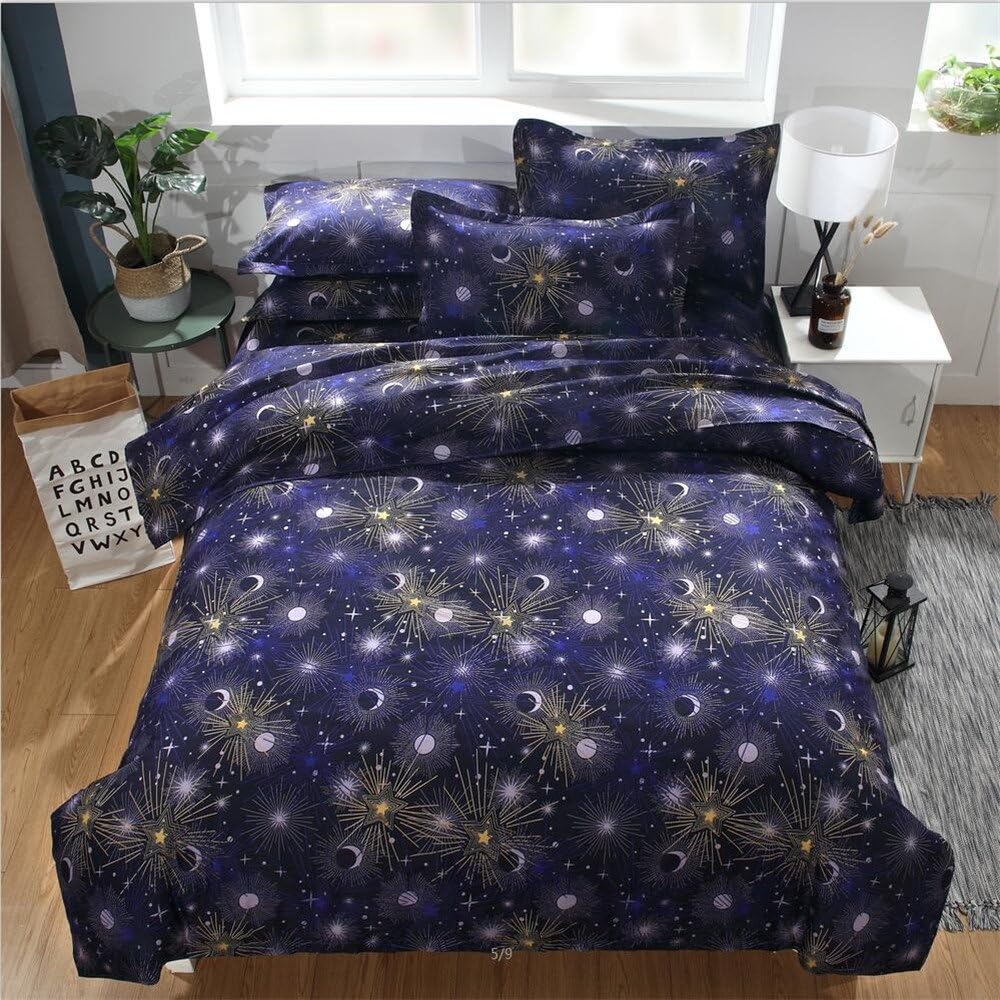 EsyDream Solar System Outer Space Sparkle Sarts Kids Duvet Cover Sheet No Comforter,Twin Size 3PC/Set(1 Duvet Cover +2 Pillowcase)