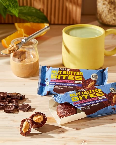 SWEET NOTHINGS, SUPERFOOD NUT BUTTER BITES ORGANIC SNACK, CHOCOLATE WITH PEANUT BUTTER, 2 BITE PACKS – NO ADDED SUGAR, PLANT BASED, VEGAN, ONLY 7 INGREDIENTS