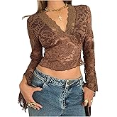 MakeMeChic Women's Floral Lace Bell Sleeve T Shirt Deep V Neck Scallop Mesh Crop Tops