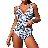 Jillumi Womens V Neck Tankini Swimsuits Push Up Ruched Color Block Swim Top High Waisted Tummy Control Bathing Suits