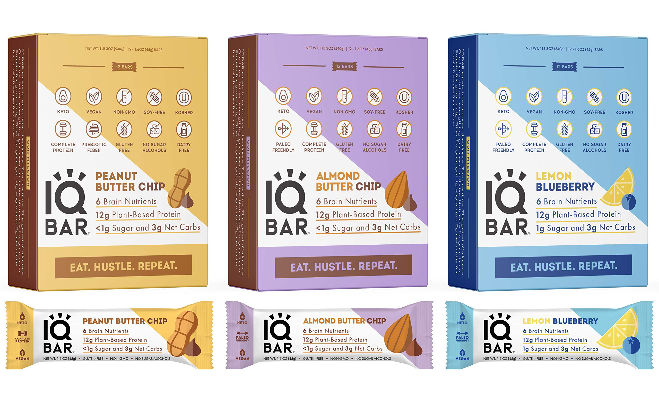 IQBARBrain and Body Keto Protein Bars 12-Count Almond Butter Chip, Peanut Butter Chip & Lemon Blueberry Keto Bars - Low Carb Protein Bars, High-Fiber Vegan Bars, Low Sugar Meal Replacement Bars