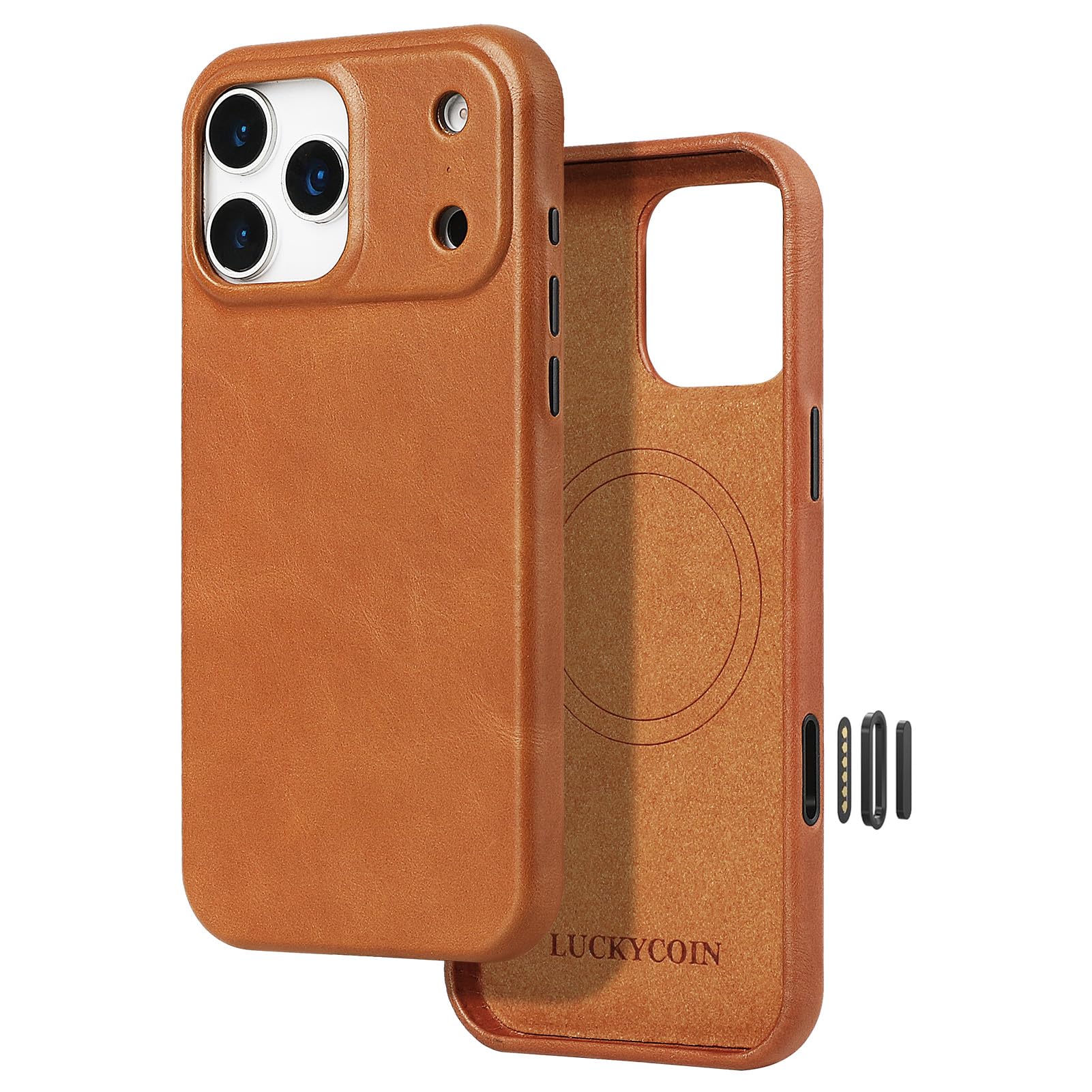 LUCKYCOIN Premium Handcrafted Full-Grain Cowhide Leather Phone Case for iPhone 17 Pro Max 6.9 in, Built-in Metal Camera Control Button, Full Camera Protection, MagSafe Compatible, Vintage Brown