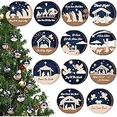 Soaoo 48 Pcs Nativity Scene Christmas Ornaments - Christian Religious Xmas Tree Hanging Decorations - Wooden Nativity Ornaments - Bulk Round Birth of Jesus for Christmas Tree Advent Decor