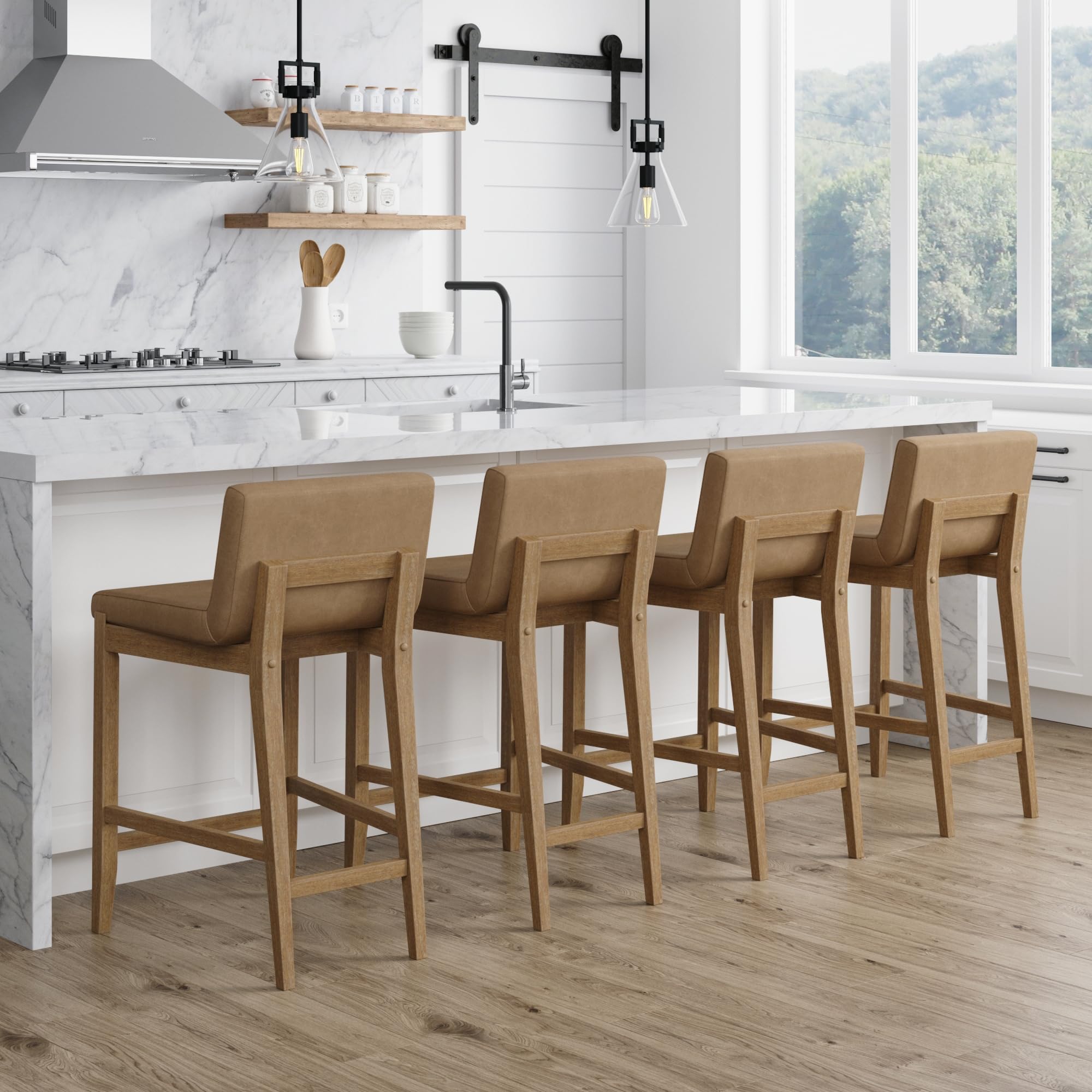 Photo 1 of Nathan James Gracie Modern Counter Height Bar Stool with Back, Counter Stool Upholstered Chair with PU Leather and Brushed Wooden Legs, Light Brown, Set of 4