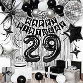 29th Birthday Decorations for Men Women, Black Silver Happy Birthday Party Decorations, 29 Year Old Party Supplies with Number 29 Balloons, Banner, Fringe Curtains Kit