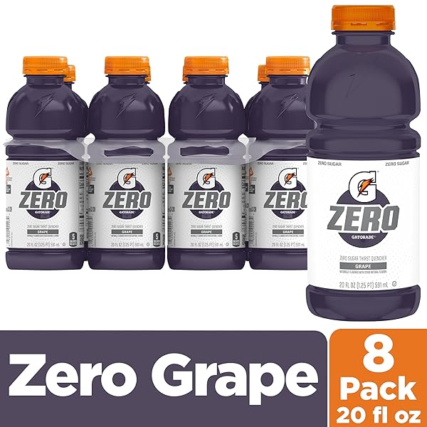 GATORADE THIRST QUENCHER ZERO SUGAR SPORTS DRINK, GRAPE, 20OZ BOTTLES, 8 PACK, ELECTROLYTES FOR REHYDRATION