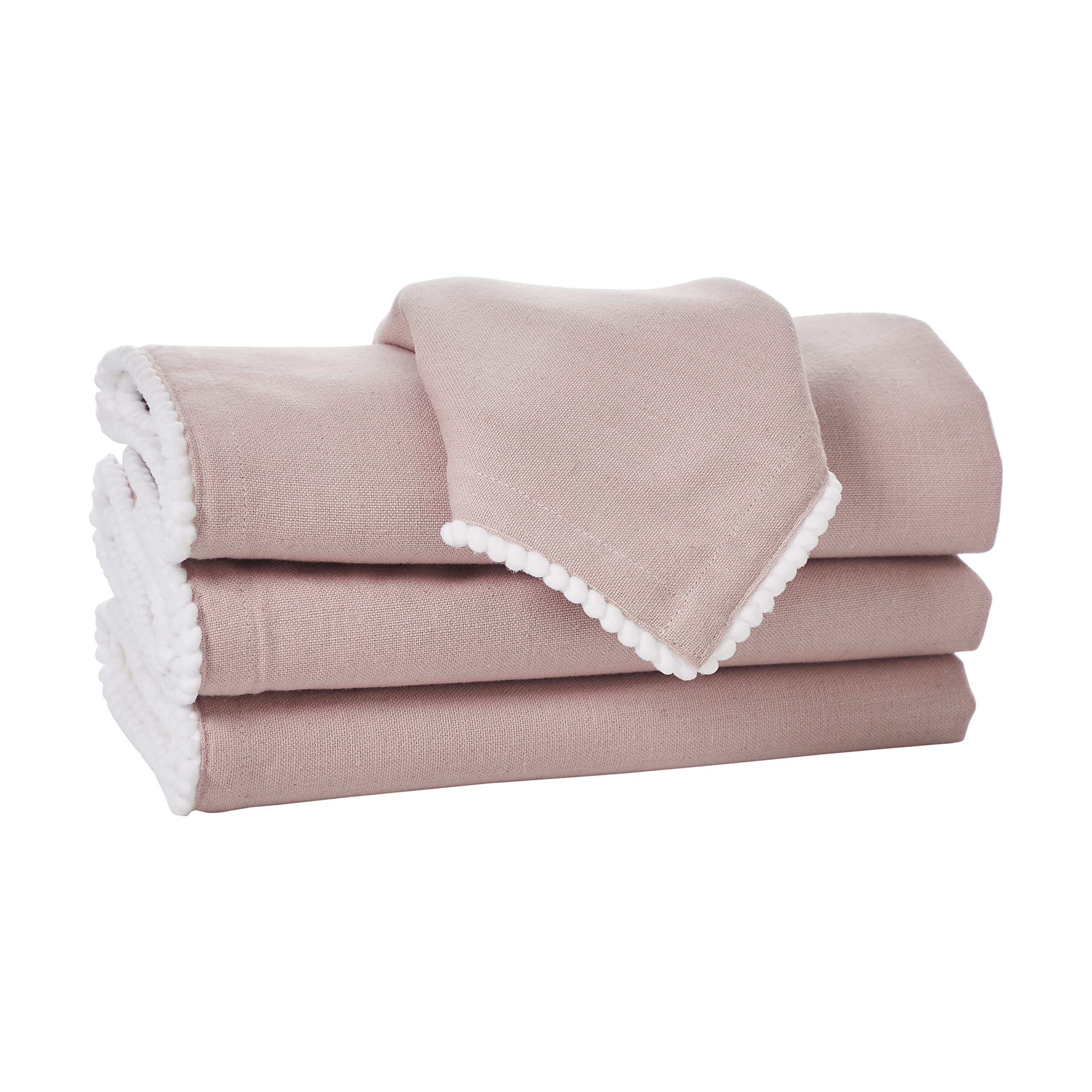 Penguin Home® Set of 4 Reusable Napkins - 100% Cotton, Eco Friendly & Sustainable - Dusty Pink, 40 X 40 cm with Four Side Pom Pom Lace