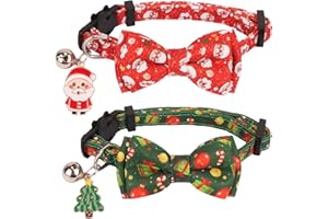 PTDECOR Christmas Cat Collars with Bow Tie Bell, 2 Pack Breakaway Kitten Collar with Removable Bowtie, Santa Box Collar for Cats Kittens