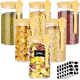 Kimqi Glass Jars with Bamboo Lids and Spoon - 6 Pack 23 Fl.oz Glass Canisters Set with Airtight Lids, Labels and Marker, Loos