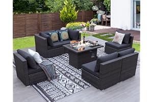 NICESOUL Extra Large Rattan Patio Furniture Set with Gas/Propane Fire Pit Table, 29.3'' High Back Comfy Outdoor Sofa Conversations, 7 Piece Moden Deep Wide Seated Sectional Couch for Backyard, Gray