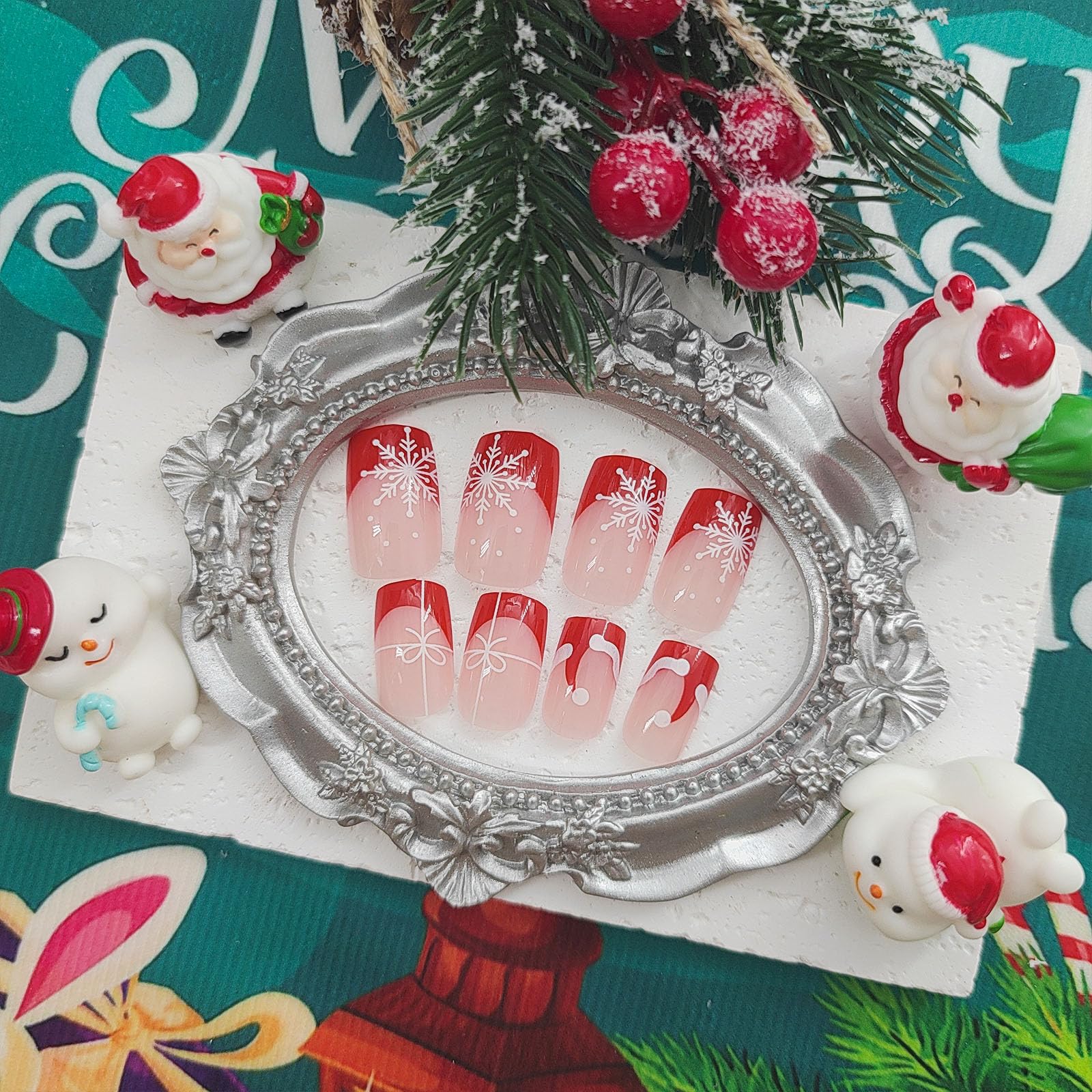 Christmas Press on Nails Medium Square Fake Nails Red French Tip Nails Press ons Glossy Glue on Nails Nude False Nails with Snowflake Christmas Hat Designs Artificial Stick on Nails for Women 24Pcs - Image 2