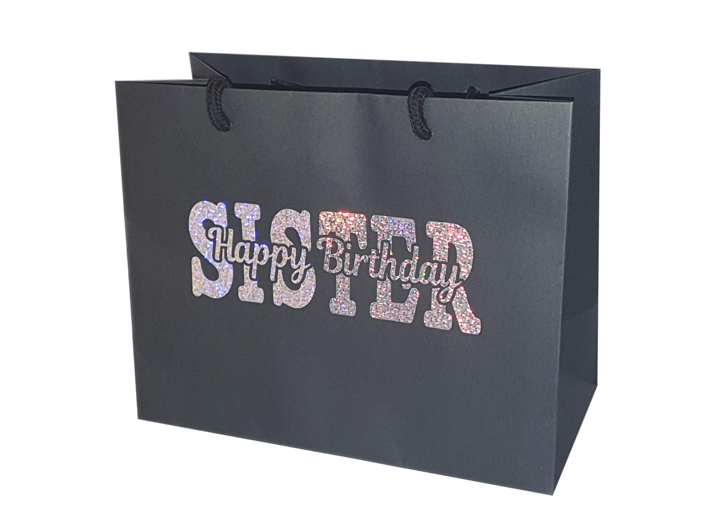 Sister Happy Birthday Gift Bag - Holographic Glitter Gift Wrap Bag with Rope Handles and Tissue Paper - Gift Ideas (Large)
