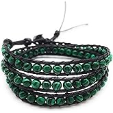 xinpeng Handmade Alloy Leather Natural Stone Bead Statement Bracelet Bangle Cuff Rope 3 Wrap Adjustable Jewelry Collection