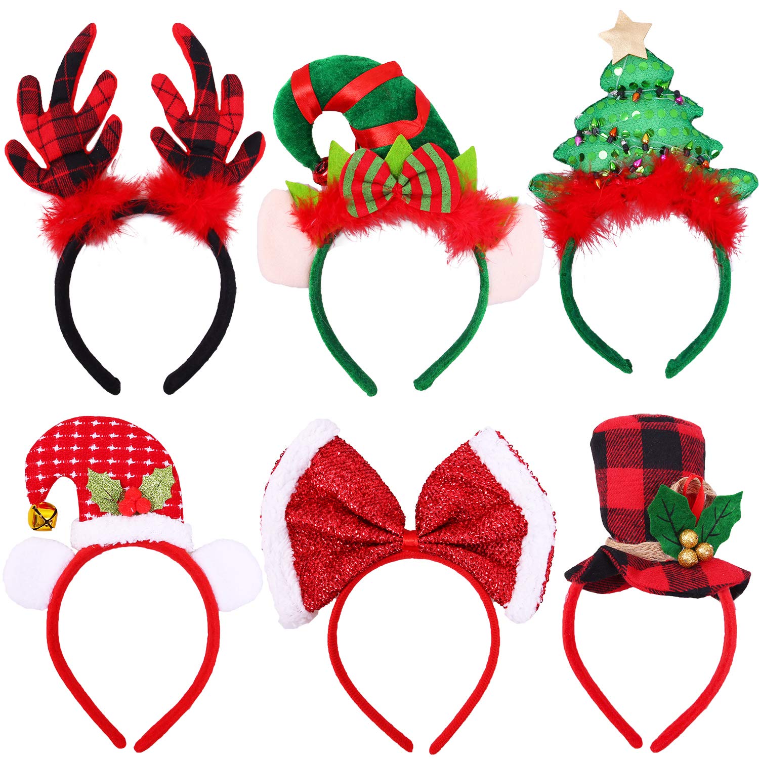 Ruisita 6 Pack Christmas Headbands Buffalo Plaid Reindeer Headbands Christmas Hats Elves Headbands for Holiday Decoration