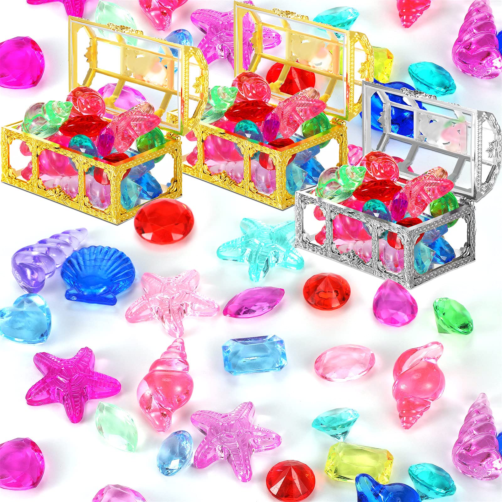Photo 1 of 60 PCS Diving Gem Pool Toy Colorful Diamond Set with 3 Pirate Treasure Chests Diving Toys Summer Swimming Toy Set Including Starfish Conch and Dolphin Gems Children Games, Random Color