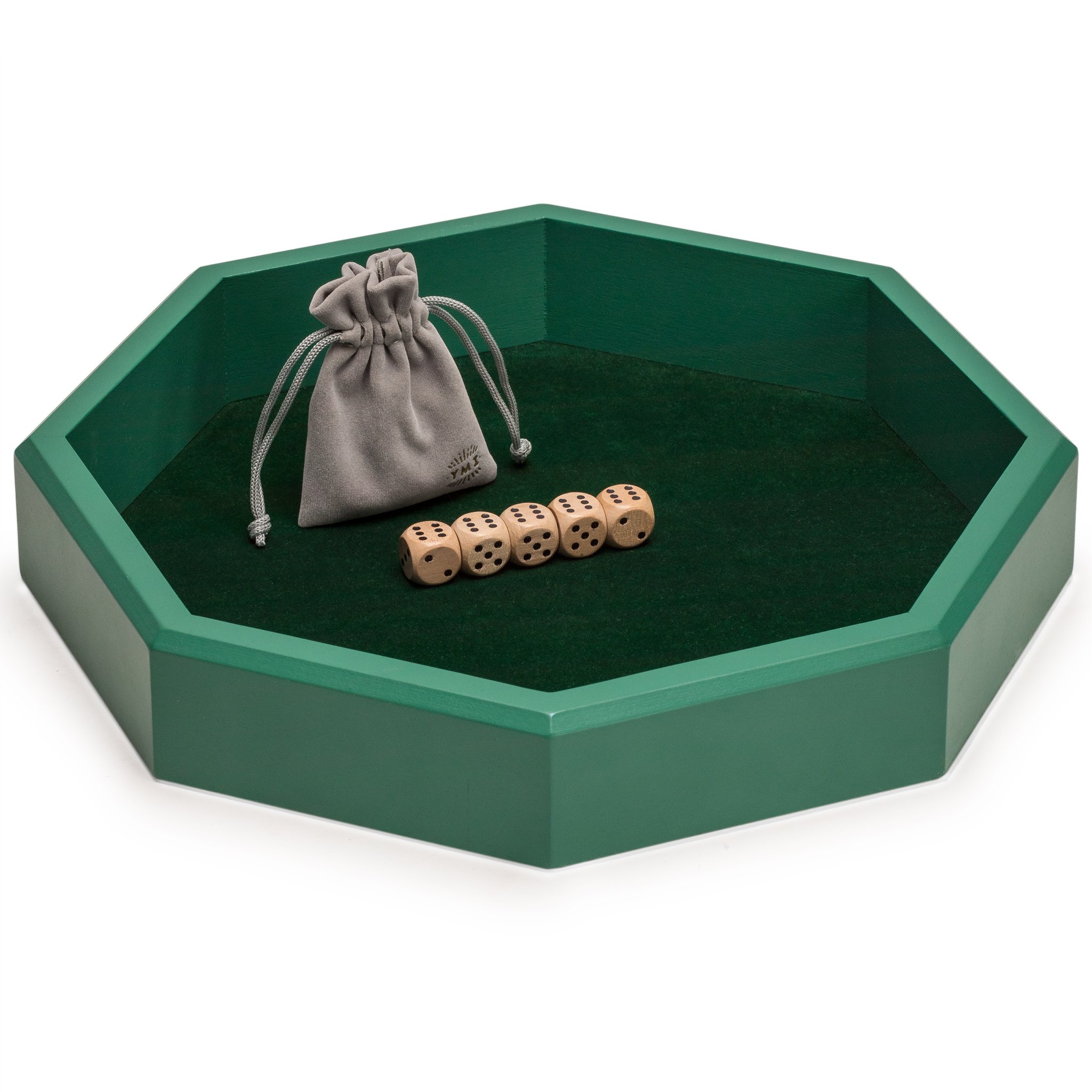 Yellow Mountain Imports 30-Centimeter, Octagonal, Felt-Lined, Wooden Dice Tray - Hunter Green Finish - with 16-Millimeter, 6-Sided, Wooden Dice