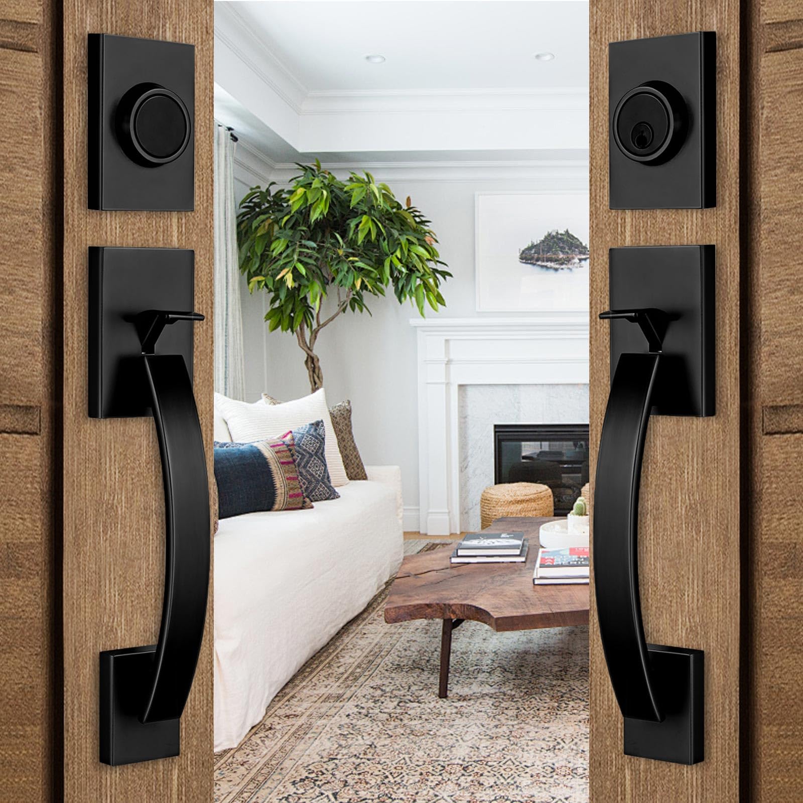 Photo 1 of NEWBANG Exterior Double Door Lever Handleset,Solid Door Handle Lock Set (Keyed and Dummy Set) - Matte Black,MDHST2017DB-SET-BR