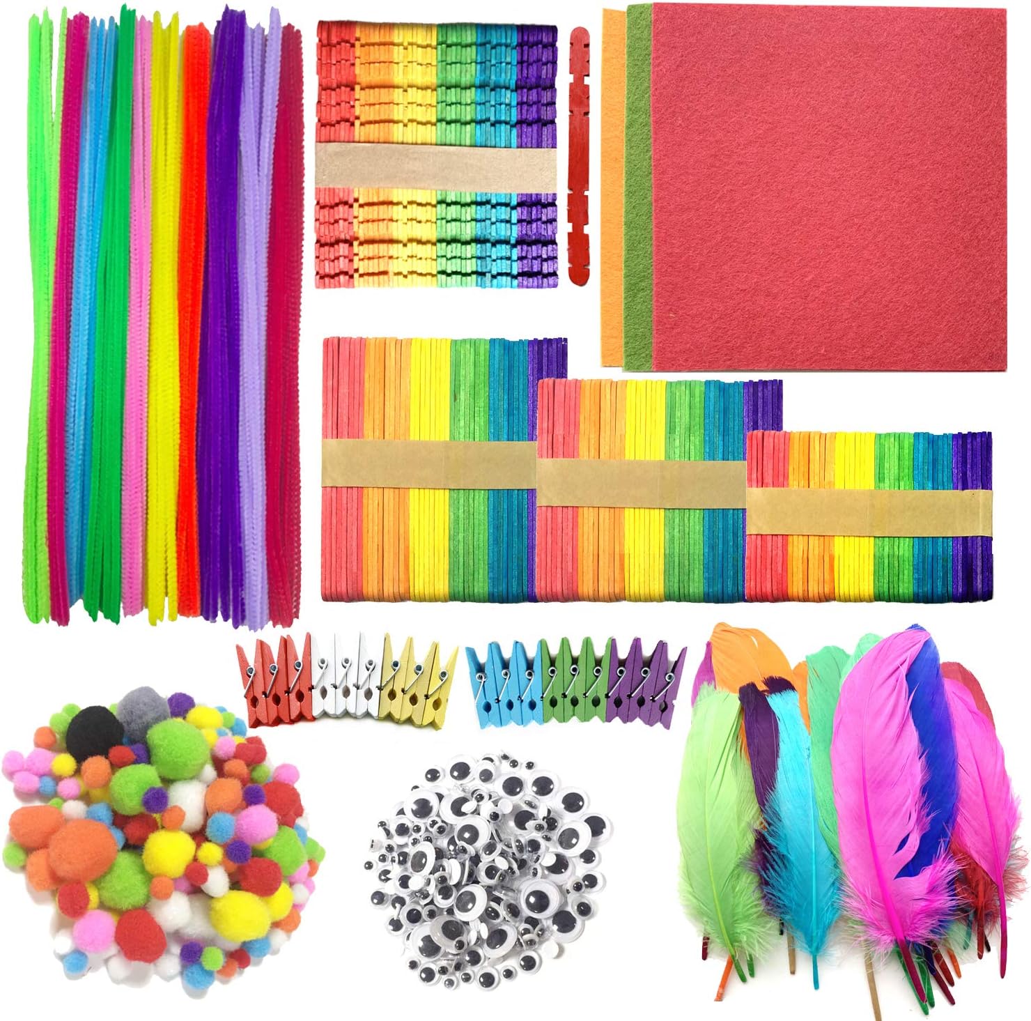 DOITEM Pipe Cleaners Chenille Stem and Pompoms with Googly Wiggle Eyes and Craft Sticks Non-Woven Felt Fabric Sheets for Craft DIY Art Supplies, 742 Pieces