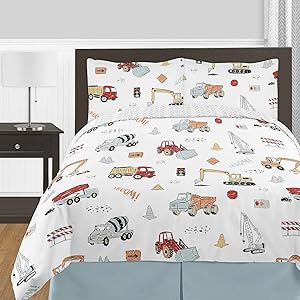 Sweet Jojo Designs Construction Truck Boy Full/Queen Size Kid Childrens Bedding Comforter Set - 3 Pieces - Grey Yellow Orange Red and Blue Transportation Chevron Arrow