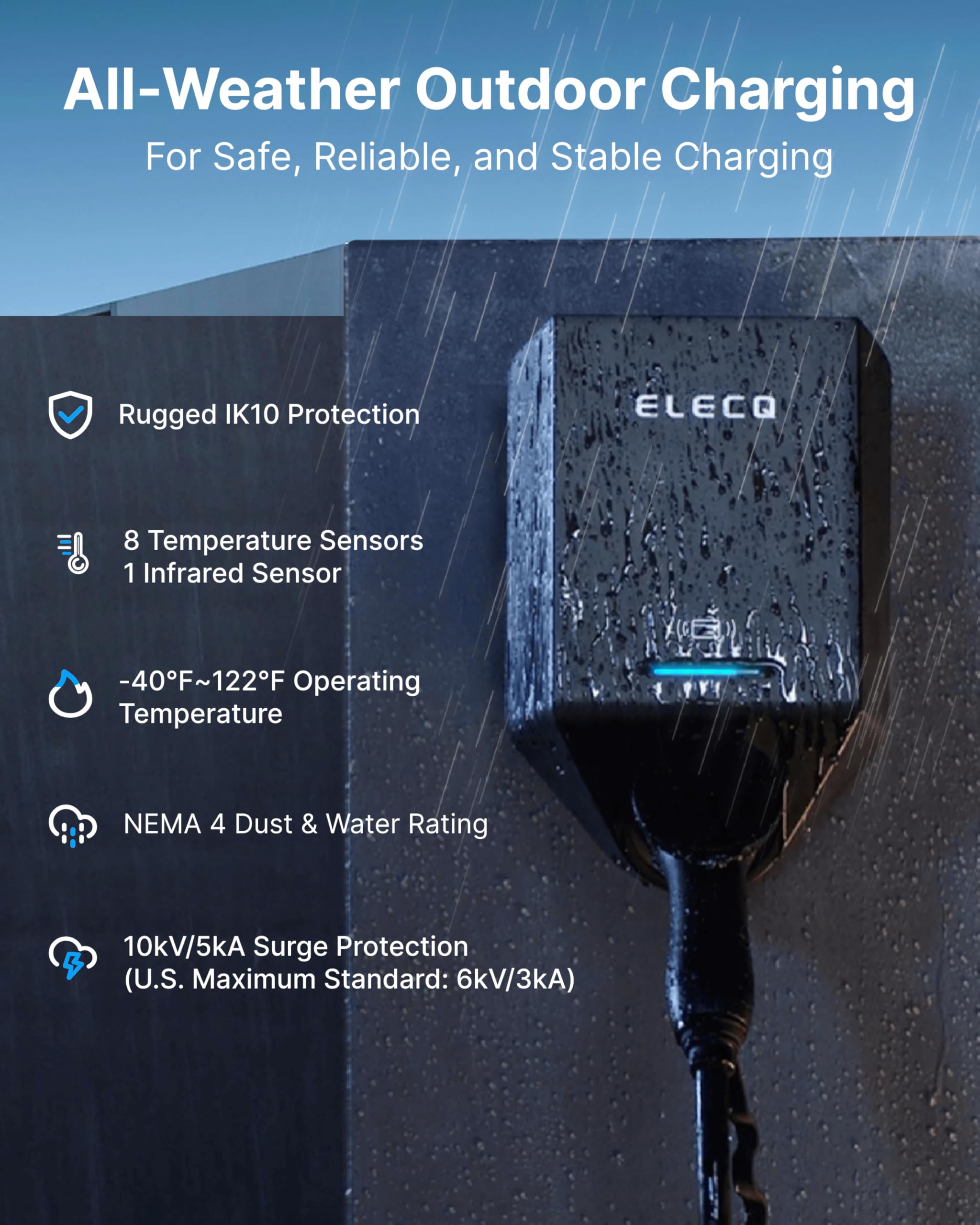 Elecq Level 2 EV Charger with Smart Charging - Solar Mode, OCPP Compatible, Active Load Management, Wi-Fi Enabled for Full Control EVSE, 40A NEMA 14-50 Plug-in Electric Car Charger for Home with J1772