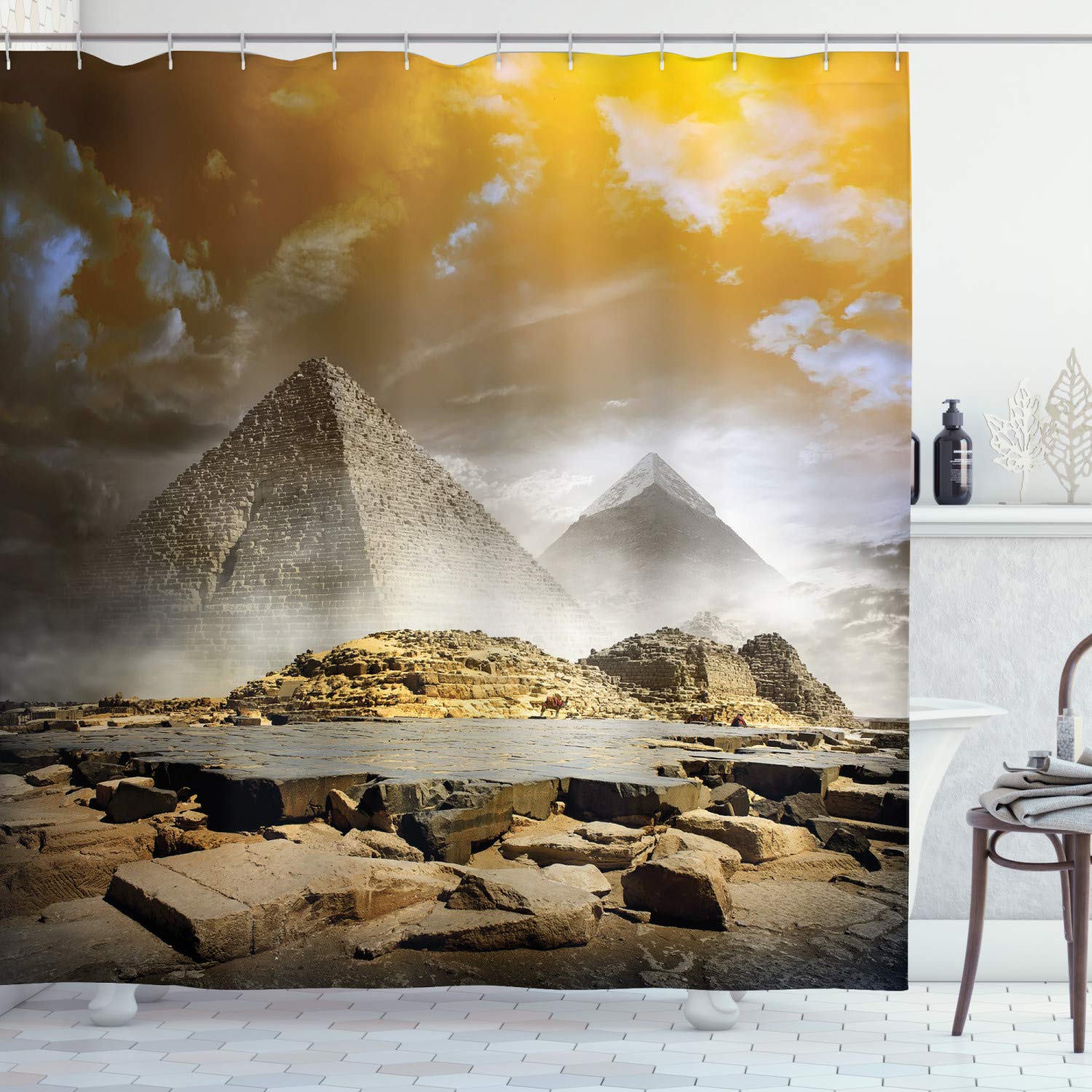 ABAKUHAUS Egyptian Shower Curtain, Storm Clouds over Pyramids Photo of Culture Eastern Art, Cloth Fabric Bathroom Decor Set with Hooks, 78 Inches, Cream Orange — image 1