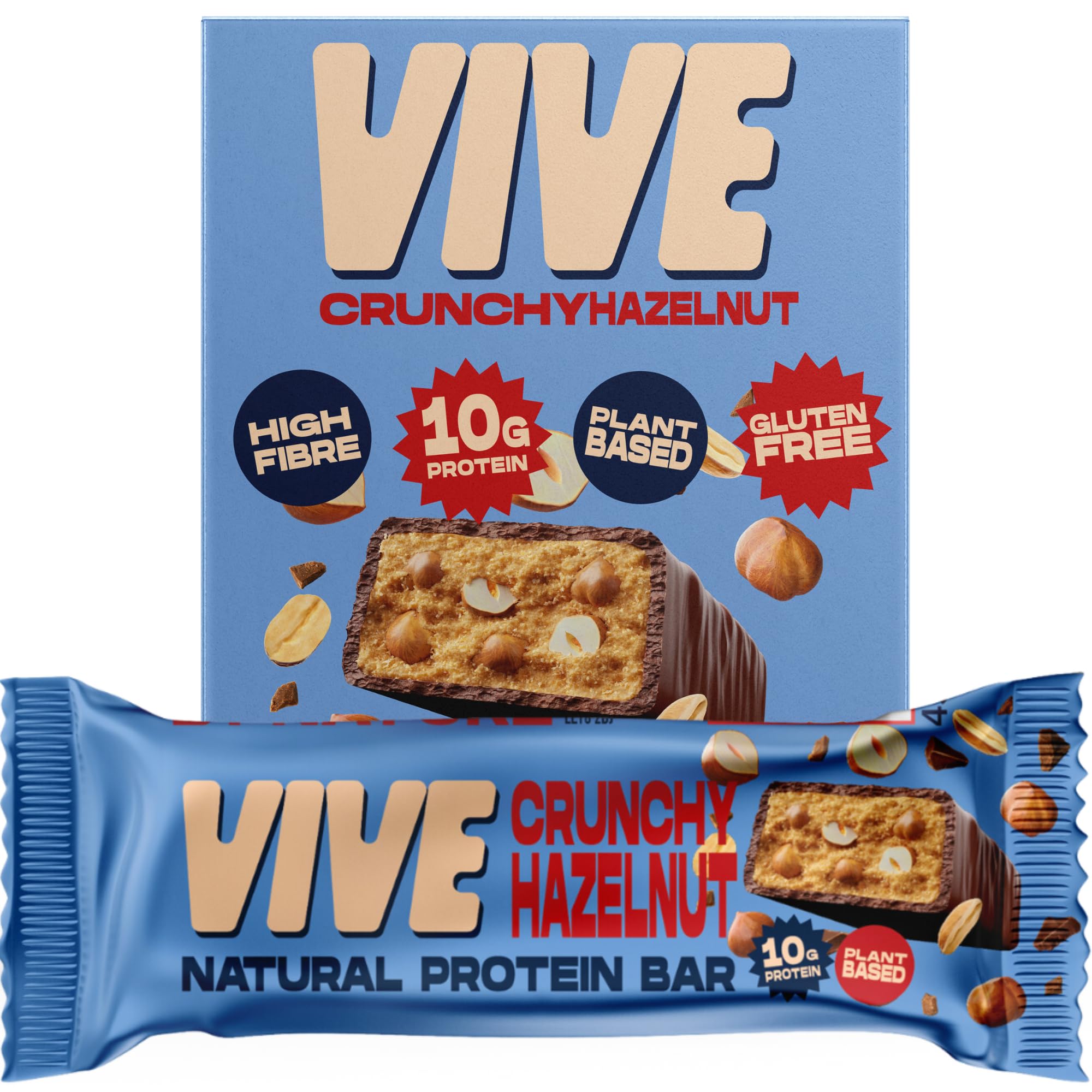 Vive Vegan Hazelnut Protein Bar – High Protein Chocolate Coated, Plant-Based, Dairy-Free Snack - Pack of 12