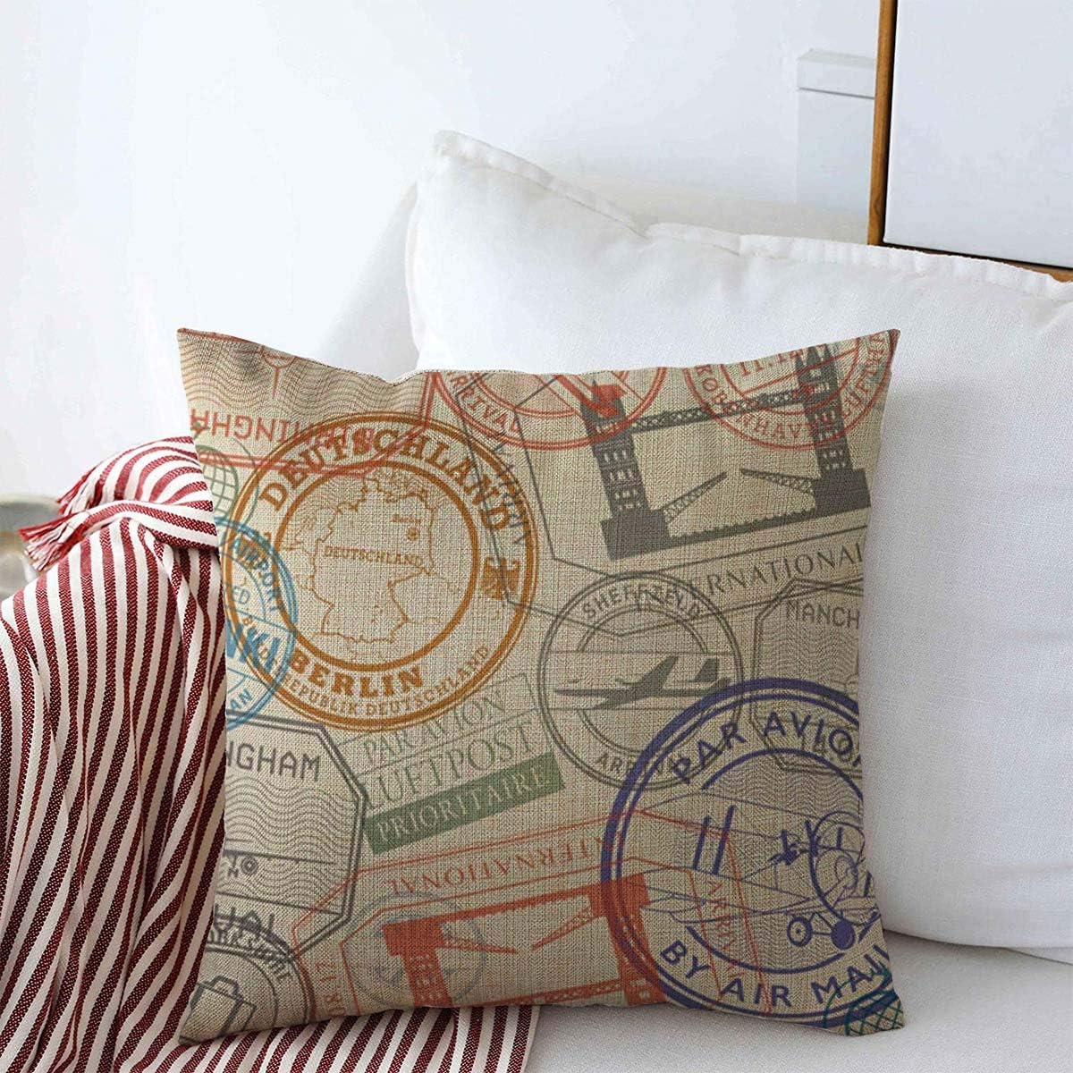 Throw Pillows Covers Cushion Case Classified Aged Travel Stamps European Countries Approved Arrival Border Design Head Cotton Linen for Fall Couch Home Decor 16 x 16 Inches