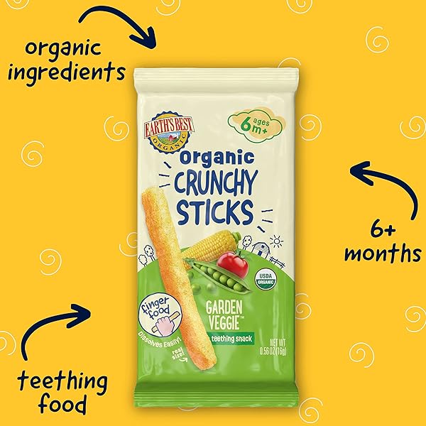 EARTH’S BEST ORGANIC BABY FOOD, DISSOLVABLE TEETHING SNACK FOR BABIES 6 MONTHS AND OLDER, GARDEN VEGGIE CRUNCHY STICKS, .56 OZ PACK (PACK OF 5)