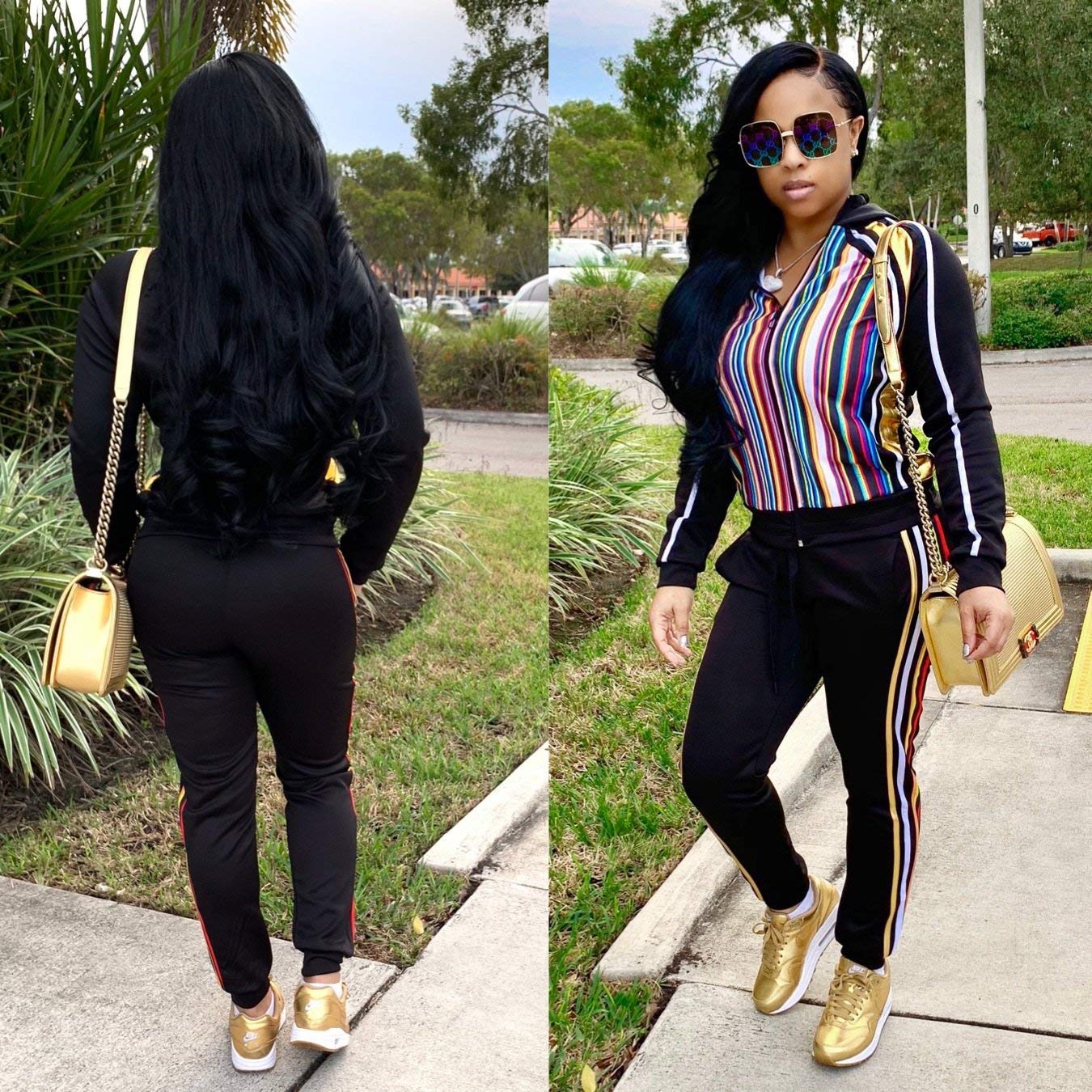 Women\'s Rainbow Stripe Sweatsuits - Fashion Front Zip up Hoodied Jogging Suits Medium Black