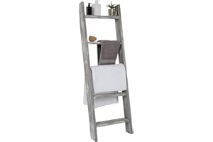 MyGift Large Whitewashed Wood Ladder Blanket Ladder, Farmhouse Style Wall Leaning Towel Rack with 5 Rungs (Graywashed)