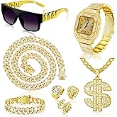 Ferreve 8 Pcs Hip Hop Jewelry Set Dollar Sign Gold Pendant Necklace Bracelet Watch Sunglasses Rings 80s 90s for Men(Gold)