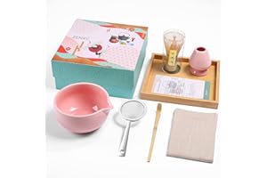 ZENRC Ceremony Matcha Kit - Traditional Bamboo Matcha Whisk (Chasen) Scoop (Chashaku) Chawan Bowl with Pouring Spout Whisk Holder Sifter Tea Tray- The Perfect Matcha Set (Baby Pink, Set of 7)