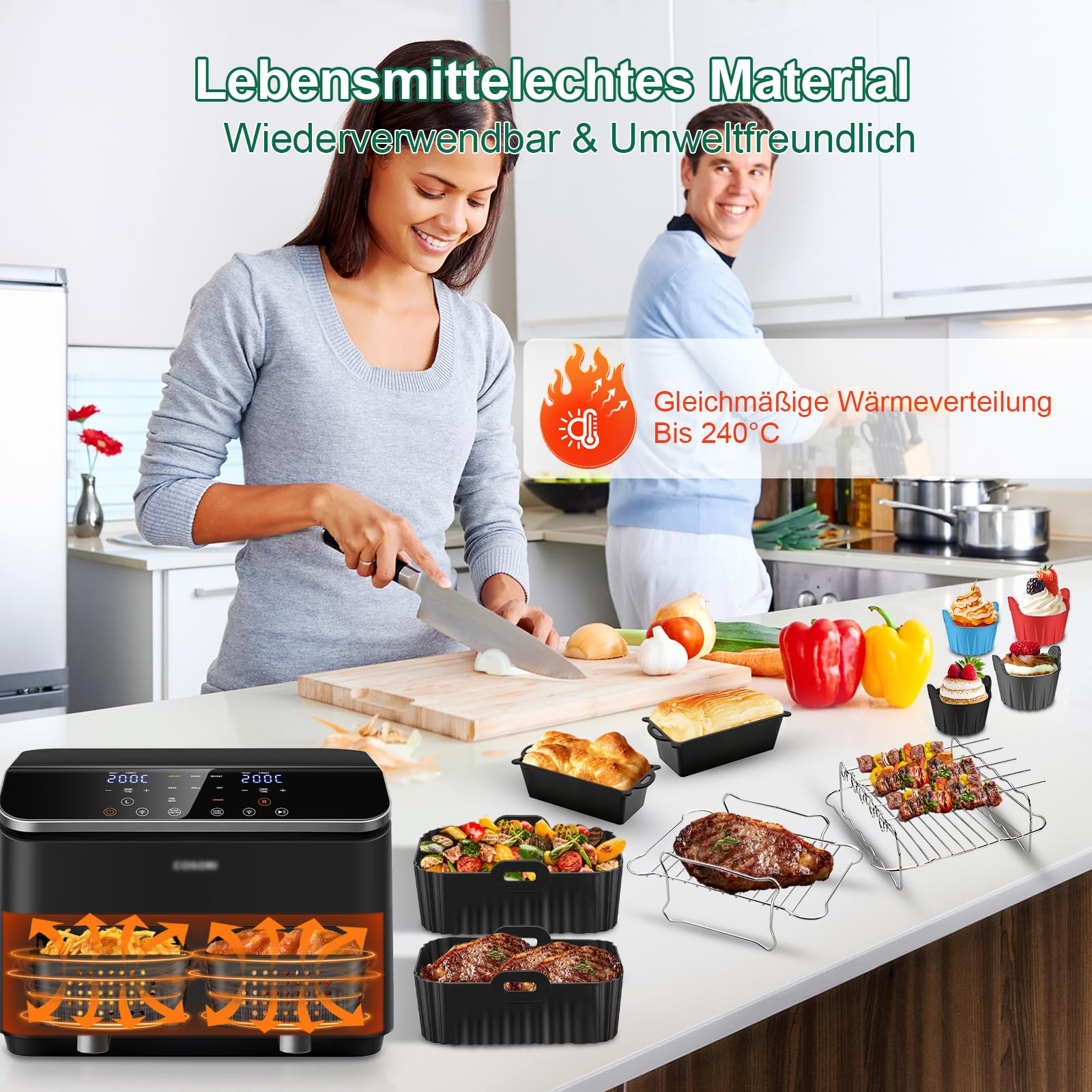 Heißluftfritteuse Zubehör Set für den COSORI Dual Blaze Airfryer 8,5 L. 21-Teiliges Set inklusive Wiederverwendbarer Silikon-Einsätze, Einem Grillrost, Silikon-Toastformen, Muffinformen und Mehr 6