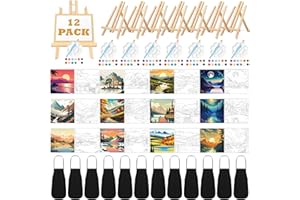 Motipuns 12 Set Pre Drawn Canvas for Painting with Easels Sip and Paint Kit Drawn Paint Kit with Printed Canvas Paints Brushes Palette Bag Apron for Adults(Landscape)