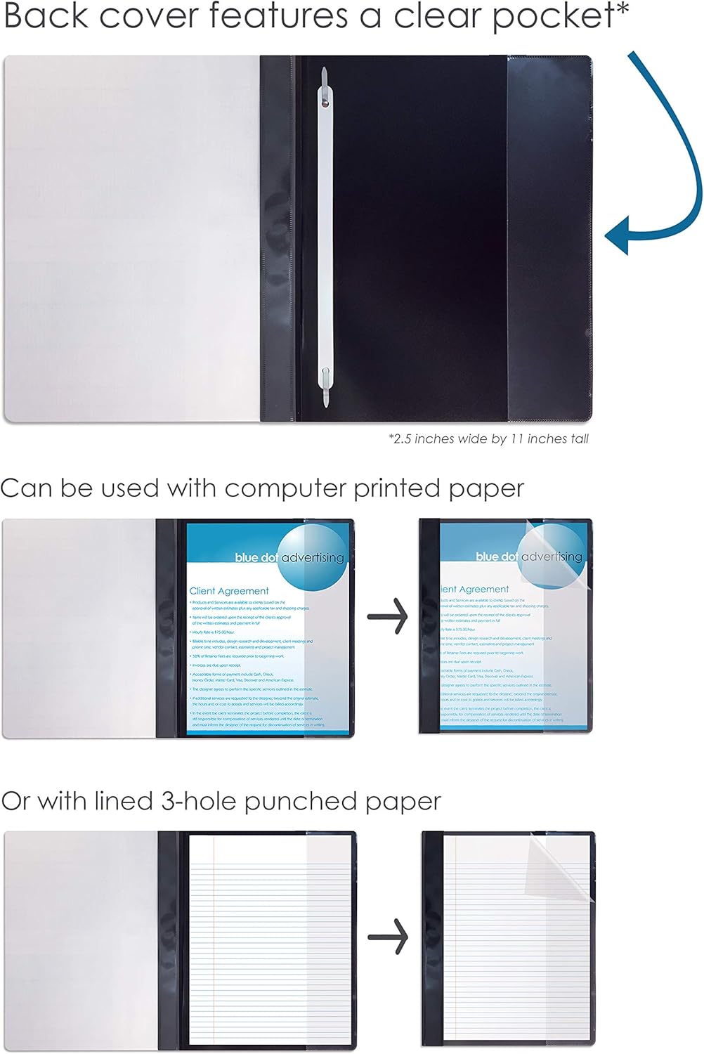 Ultra Durable Clear Front Report Covers, 25 Per Box, Letter Size, Black, Poly Back Cover, with Fasteners, Lay Flat, by Better Office Products, Box of 25 : Office Products