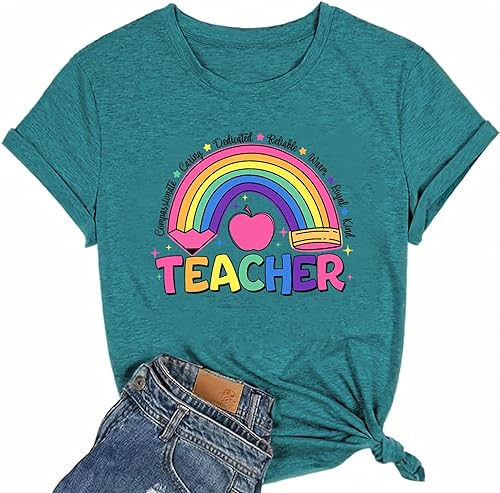 Teacher Shirts for Women: Cute Pencil Rainbow Graphic Tee Kindergarten Teaher Tshirt Preschool Teach Tops
