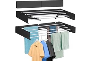 FOCHIER F Laundry Drying Rack Wall Mounted Clothes Drying Rack Collapsible 39" Wide with 16.5 Linear Ft and 5 Aluminum Rods Drilling Template Long Screwdriver Bit 60 lbs Capacity White (Black, 31.5")