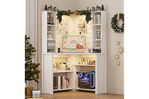 LVIFUR Corner Desk with LED Reading Lights, L Shaped Computer Desk with Hutch & Shelves, Triangle Home Office Desk w/ Charging Station for Work & Study, File Cabinet Storage Bookshelf for Small Space (White)