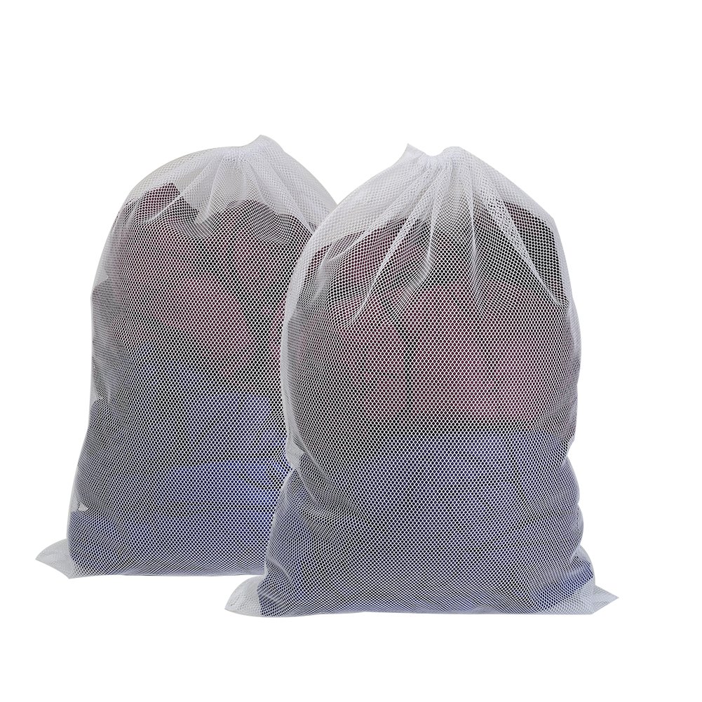 Vivifying Large Mesh Laundry Bags, Set of 2 Durable Coarse Washing Net Bags with Lockable Drawstring for Big Clothes, Duvet Cover (White)