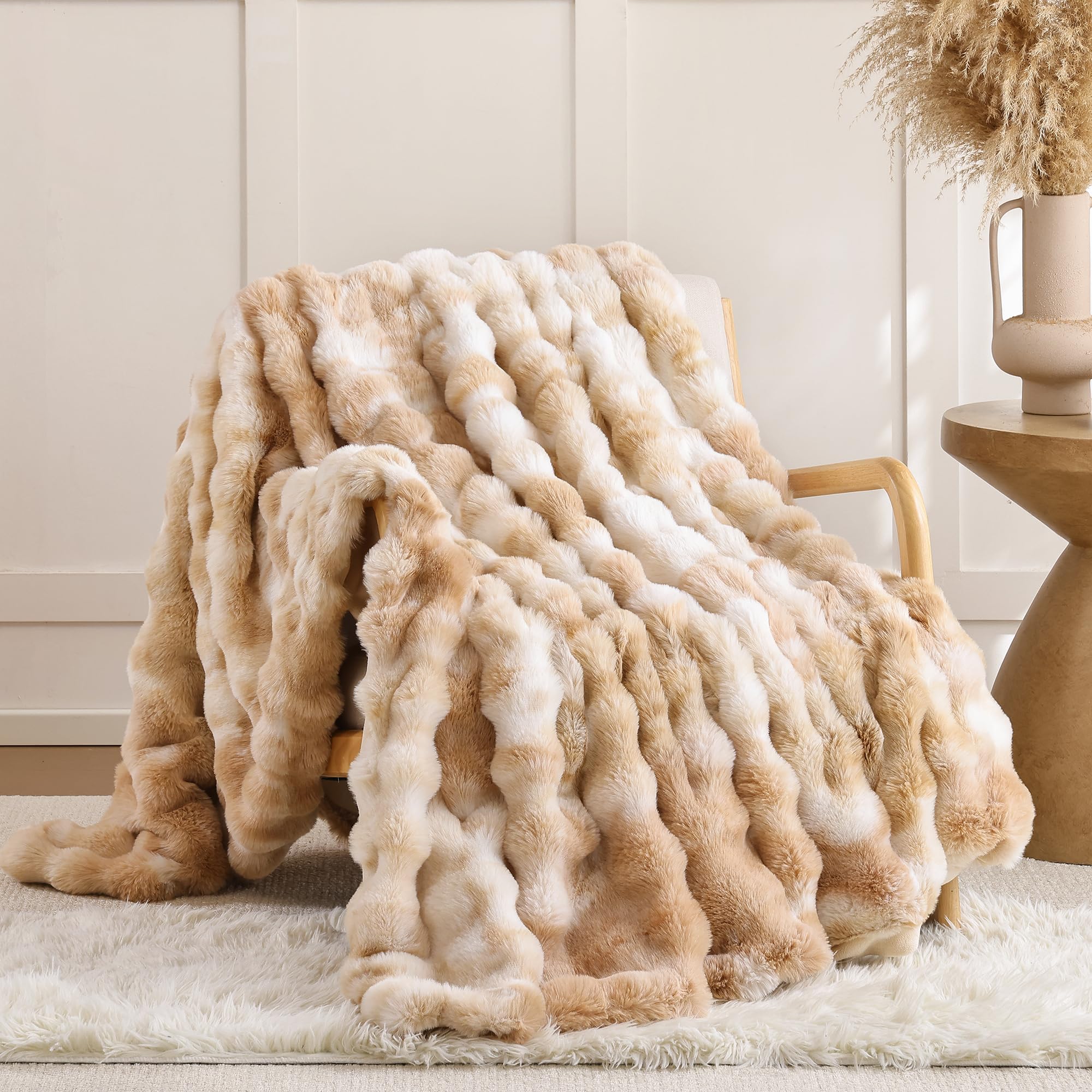 Smoofy Faux Fur Throw Blanket for Couch – Tie-dye Camel Fluffy Cozy Rabbit Fleece, Plush Soft Bubble Blanket for Sofa & Bed, for Mom, Warm Fuzzy Home Room Decor Throw 50" x 60" Image