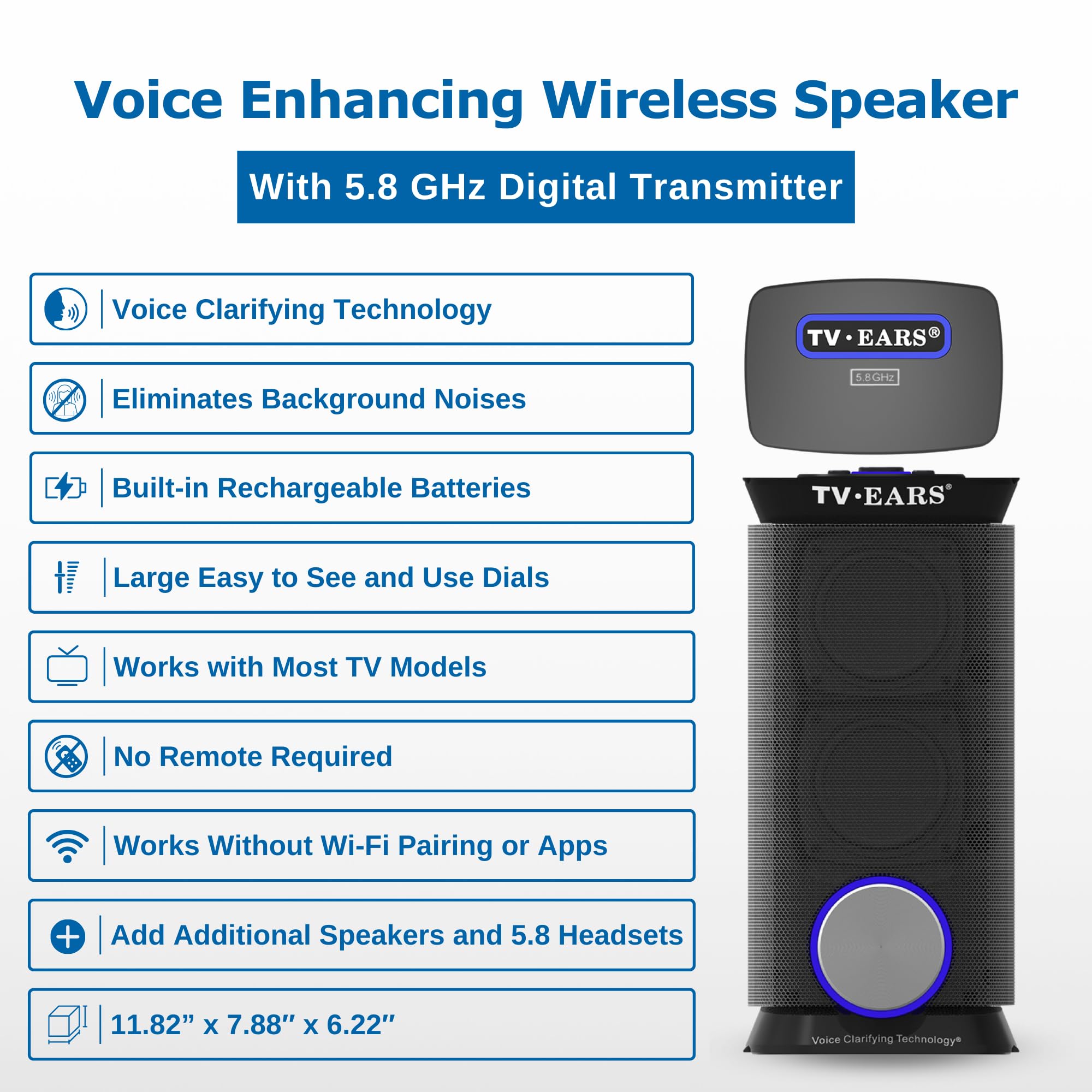 TV · EARS Wireless Speaker System for TV 5.8 GHz, Voice-Clarifying Speaker & Dual USB Charging, Long Range & Portable Entertainment System, Noise Cancellation & Works w/o Wi-Fi, Black
