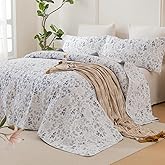 Sanracie Oversized King Bedspread 120"x120", 100% Cotton White and Blue Floral Quilted Bedspread Set 3Pcs Soft Breathable Shabby French Country Chic Vintage Garden Floral Bedding Set for All Season