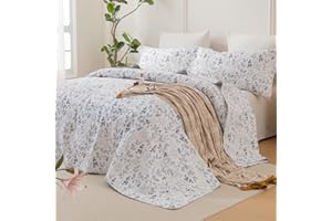 Sanracie 100% Cotton Oversized King Bedspread 128"x120", Shabby French Country Chic White and Blue Floral Botanical Bedspread