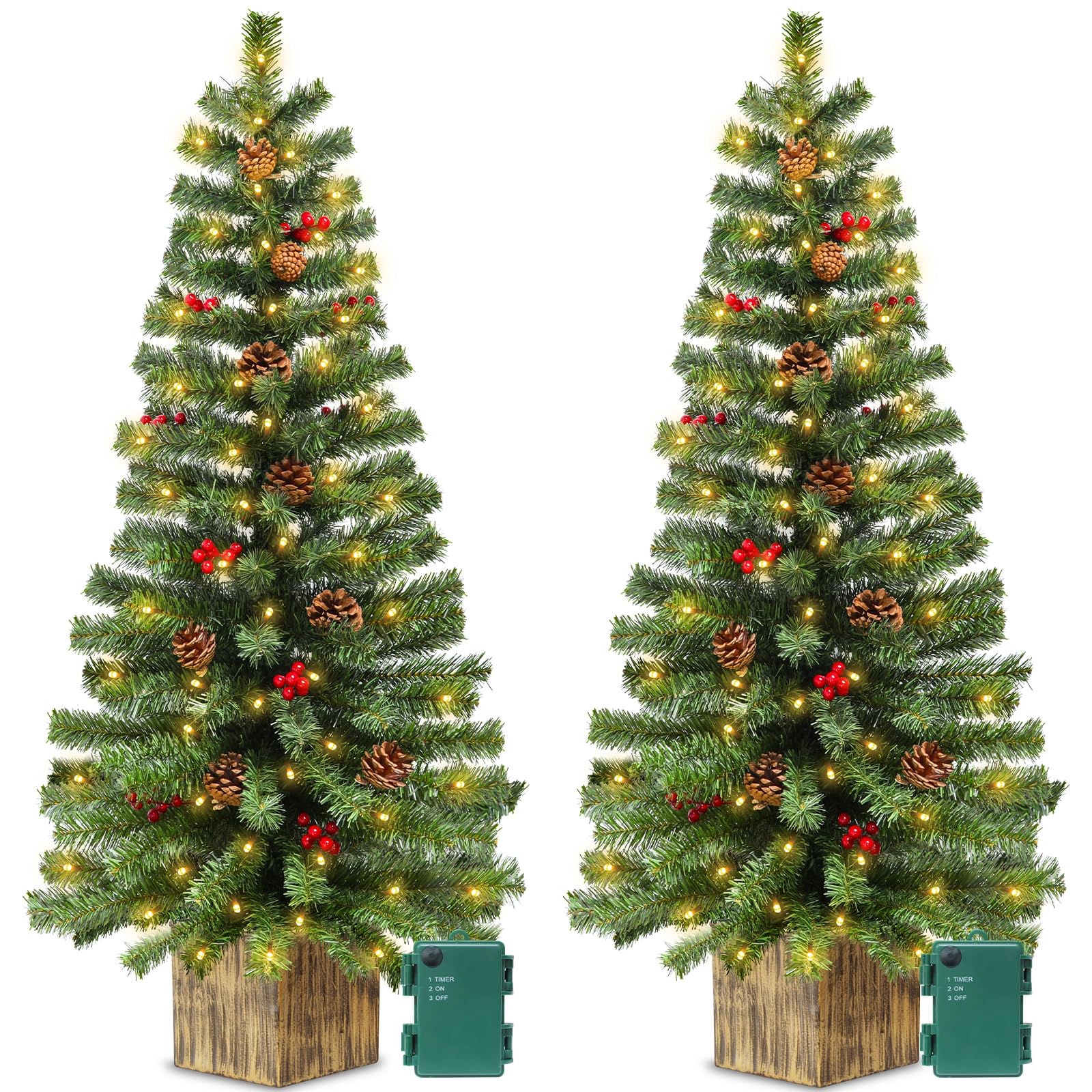 Photo 1 of ** DOES NOT LIGHT UP/**
2 Pack 4 Ft Artificial Christmas Entrance Tree in Fake Wooden Box Base with 60 LEDs Warm White Light Timer Waterproof Battery Box Operated 140 Branches 14 Pinecone 12 Berries Xmas Decor for Door Porch