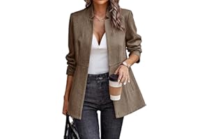 ELLEVEN Women’s Open Front Herringbone Blazer-Business Casual Long Sleeve Work Jacket with Full Lining and Padded Shoulders