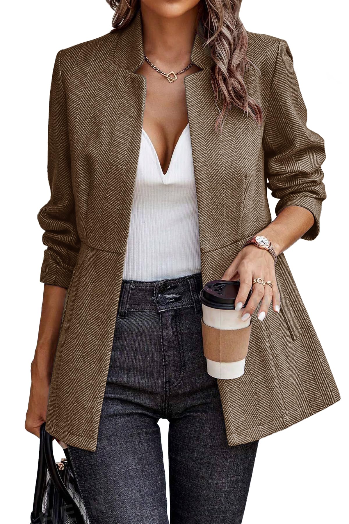 Photo 1 of ELLEVEN Blazers for Women Business Casual Open Front Suit Jacket Herringbone Long Sleeve Stand Collar Work Blazer for Office with Full Lining and Padded Shoulders Brown XX-Large