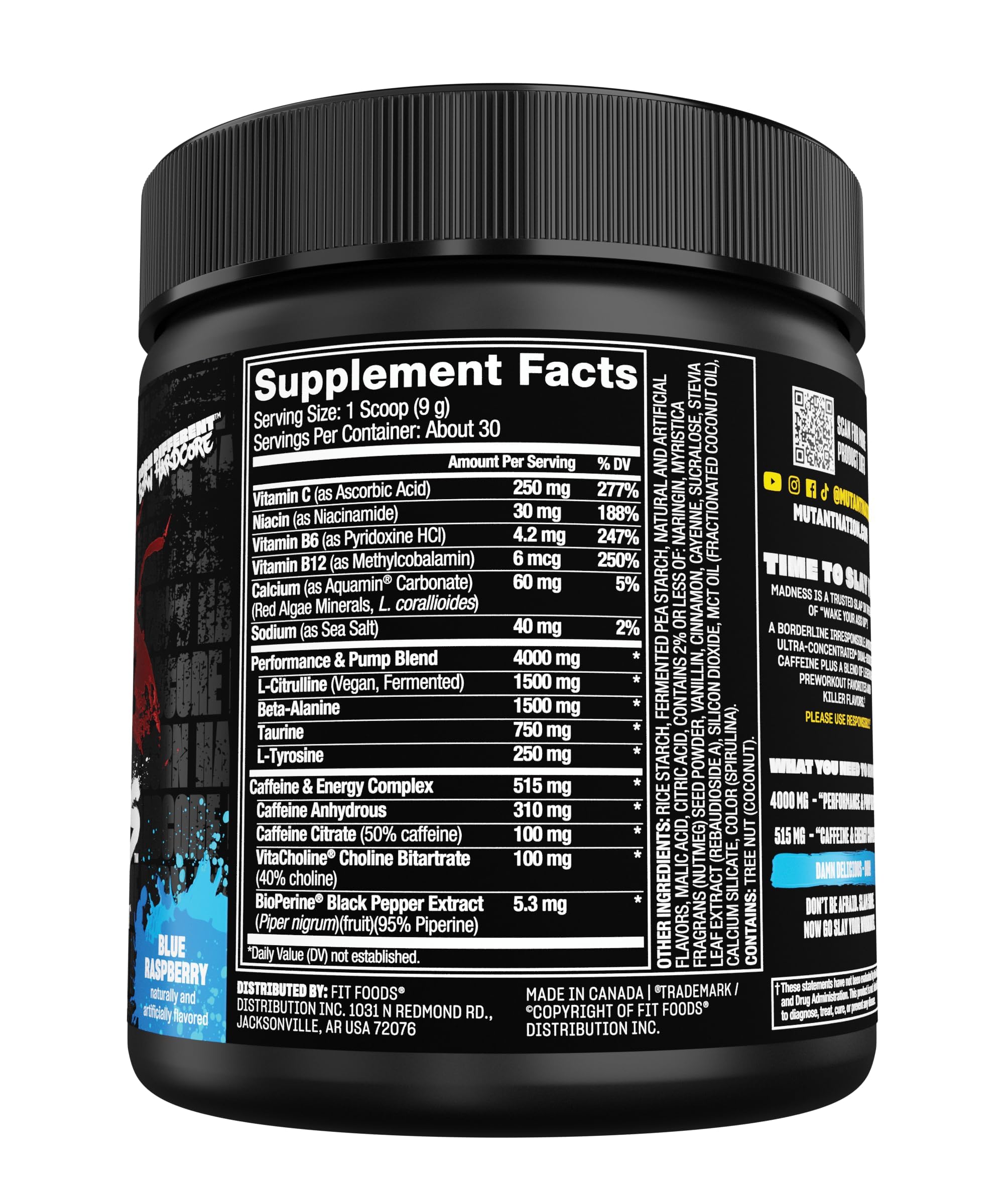 Mutant Madness | Pre Workout Powder Supplement Performance and Pump Blend Includes L-Citrulline, Beta-Alanine, Taurine, L-Tyrosine | 30 Serving | Blue Raspberry