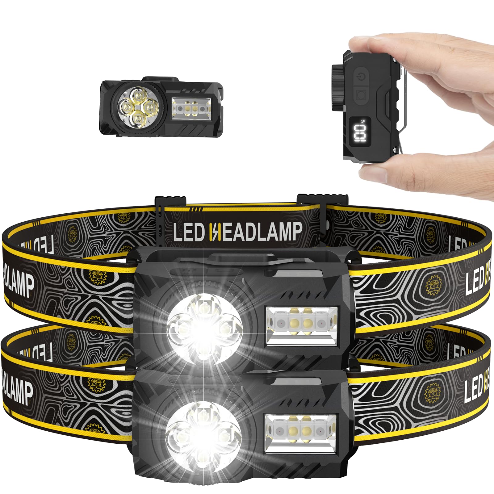 【2 Pack】2000LM LED Torches & Head Torch Rechargeable, Super Bright Headtorch with Red Light, 17H Runtime 7 Modes IPX5 Waterproof Headlamp, Headlight with Motion Sensor for Camping Hiking Running