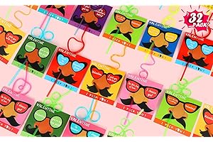 JELMOK Valentines Day Cards for Kids School, 32 Set Valentine Day Gifts Exchange Cards Crazy Straws Bulk for Kids, Valentine's Day Cards for Class Classroom Boys Girls Party Favors (#1)